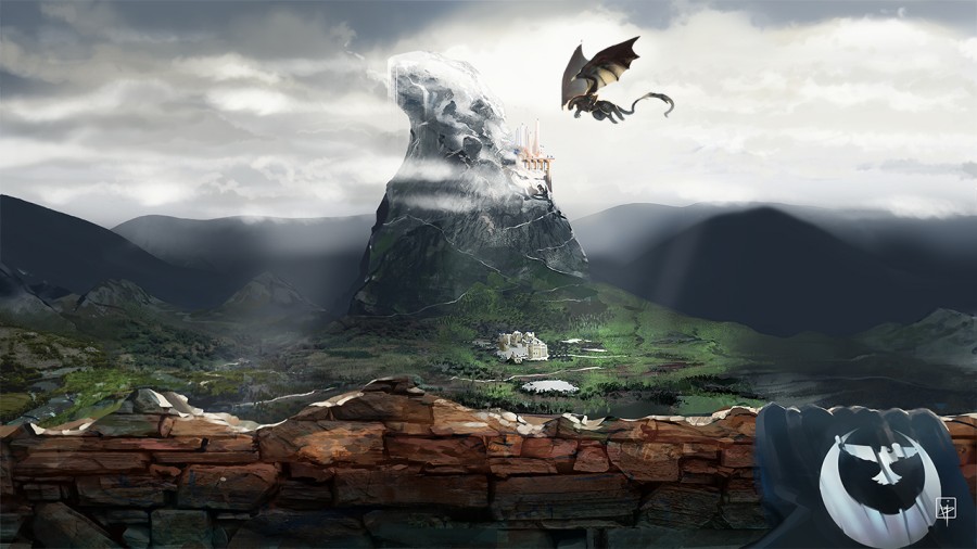 Illustration of a mountain and a dragon landscape.