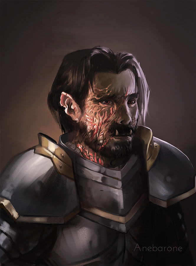 Illustrated Dnd portrait of a half-elf orc with a scarred face.