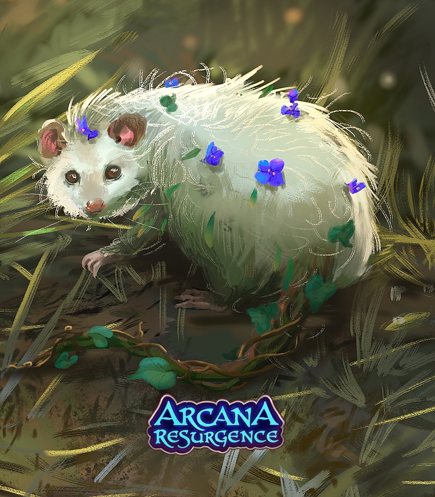 Painting of a white opossum with a vine tail and violets in its fur.