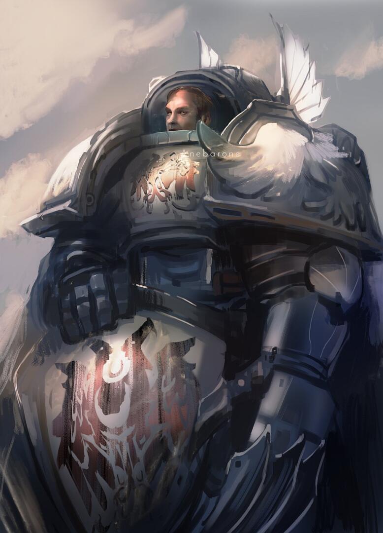 Illustration of a man wearing an alternative w40k terminator armor.