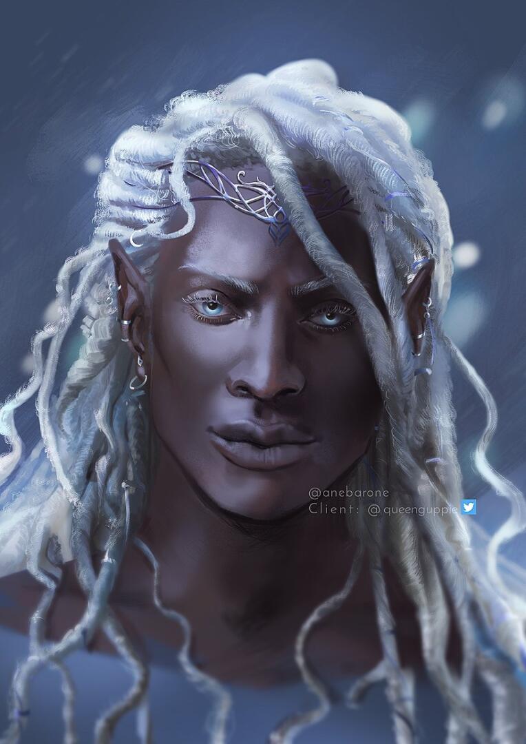 Bust portrait of a dark-skinned man with long white dreads.