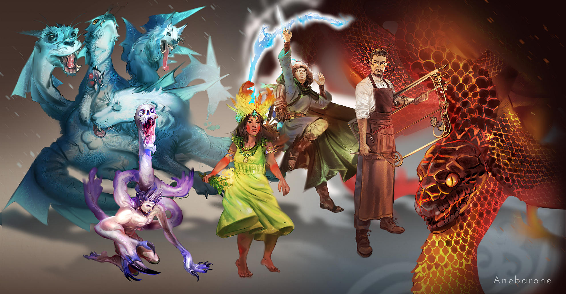 A concept art style lineup of 6 fantasy-themed characters.