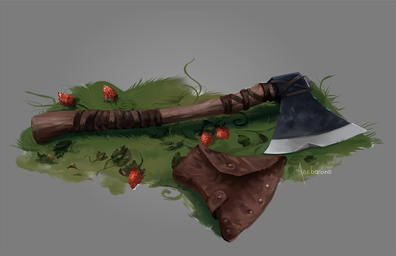 Illustration of an axe surrounded by snake berries.