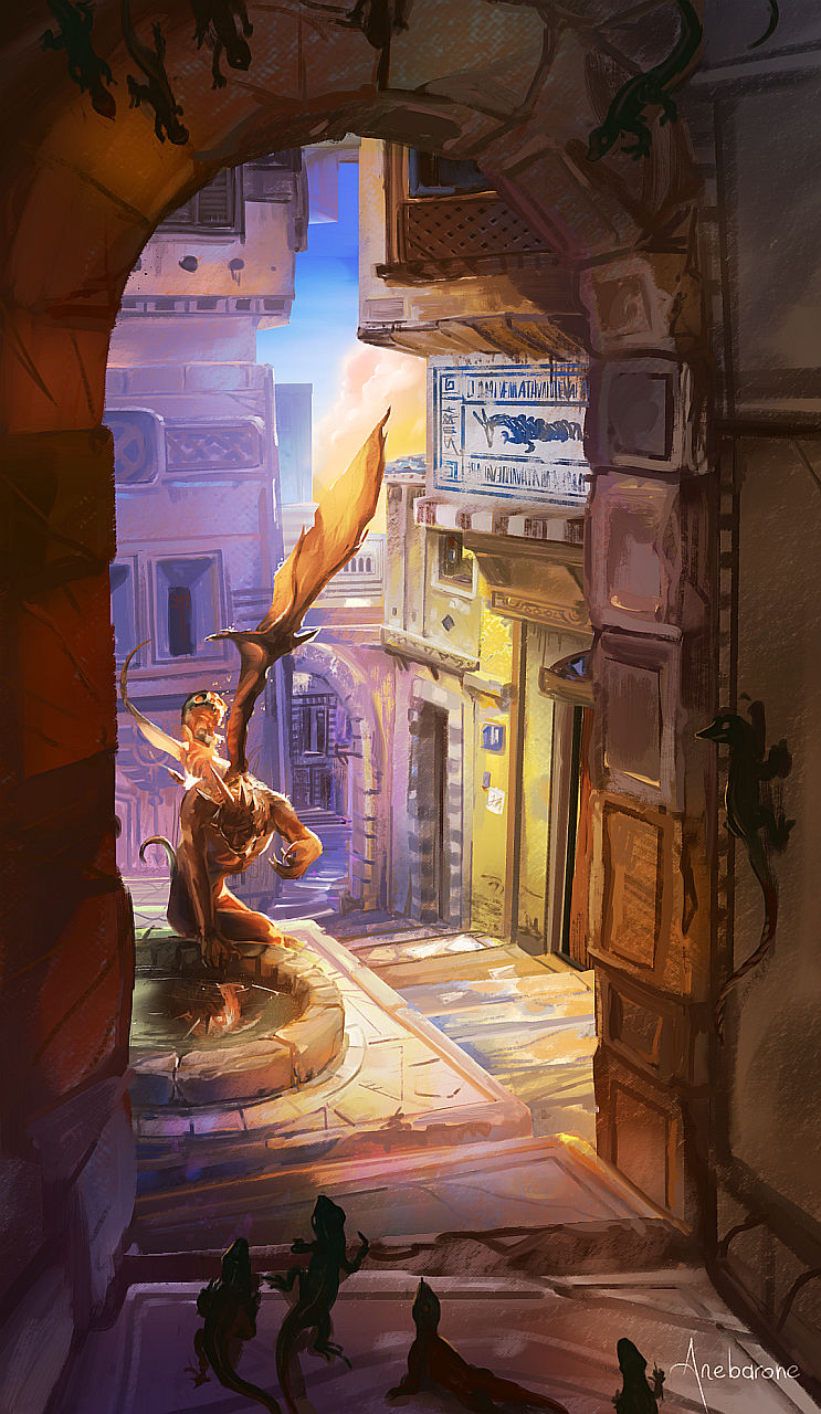 Painting of a winged man in a town's alleyways.