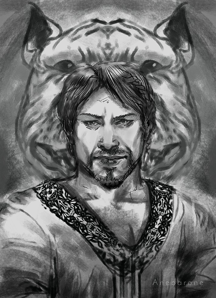 A portrait sketch of Bann Teagan. A middle-aged character with parted, medium-length dark hair, and a goatee. He stands in front of an eerie dog head.