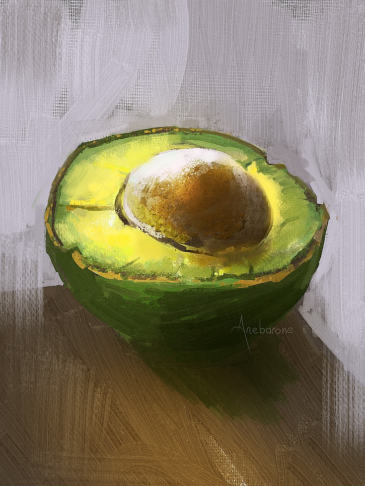 Textured illustration of an open avocado.