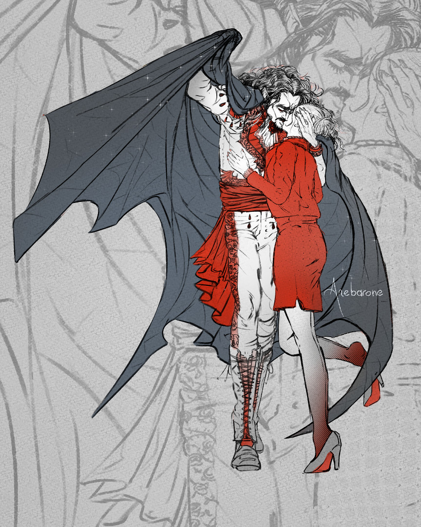 Full-body drawing of a vampire kissing a woman.