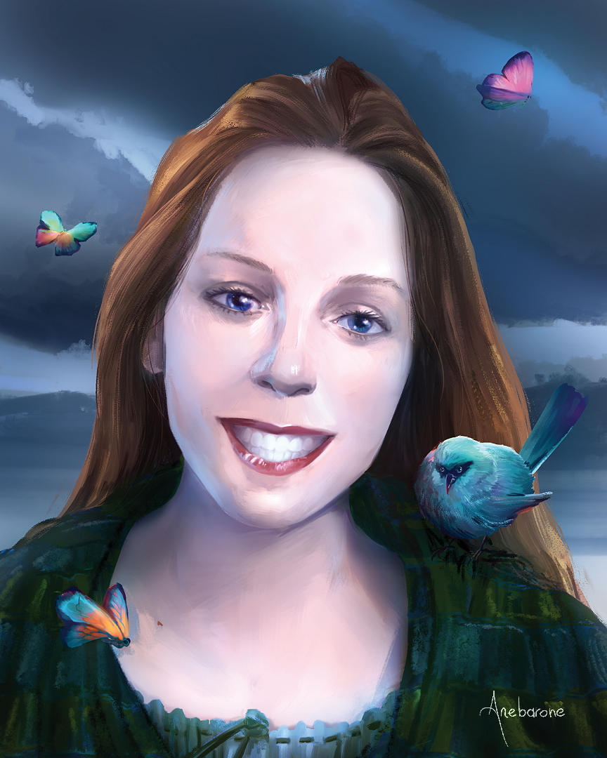 Fantasy portrait of a smiling woman surrounded by butterflies and a bird.