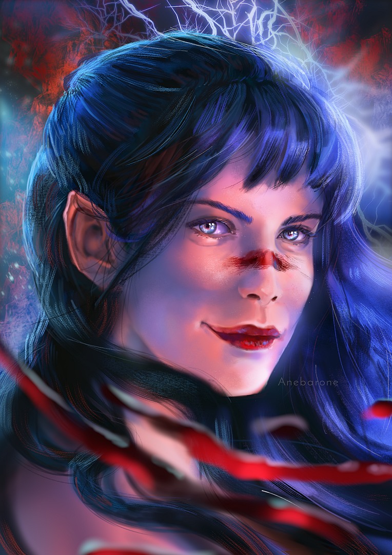 Portrait of a woman with dark long hair, bangs, a smudge of red paint on her nose bridge, and elf ears.