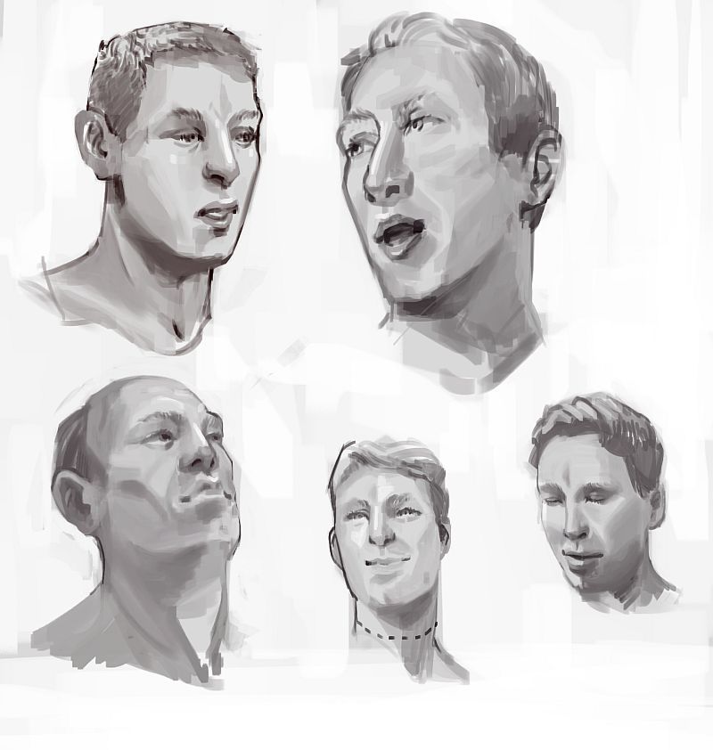 5 grayscale paintings of men's heads.