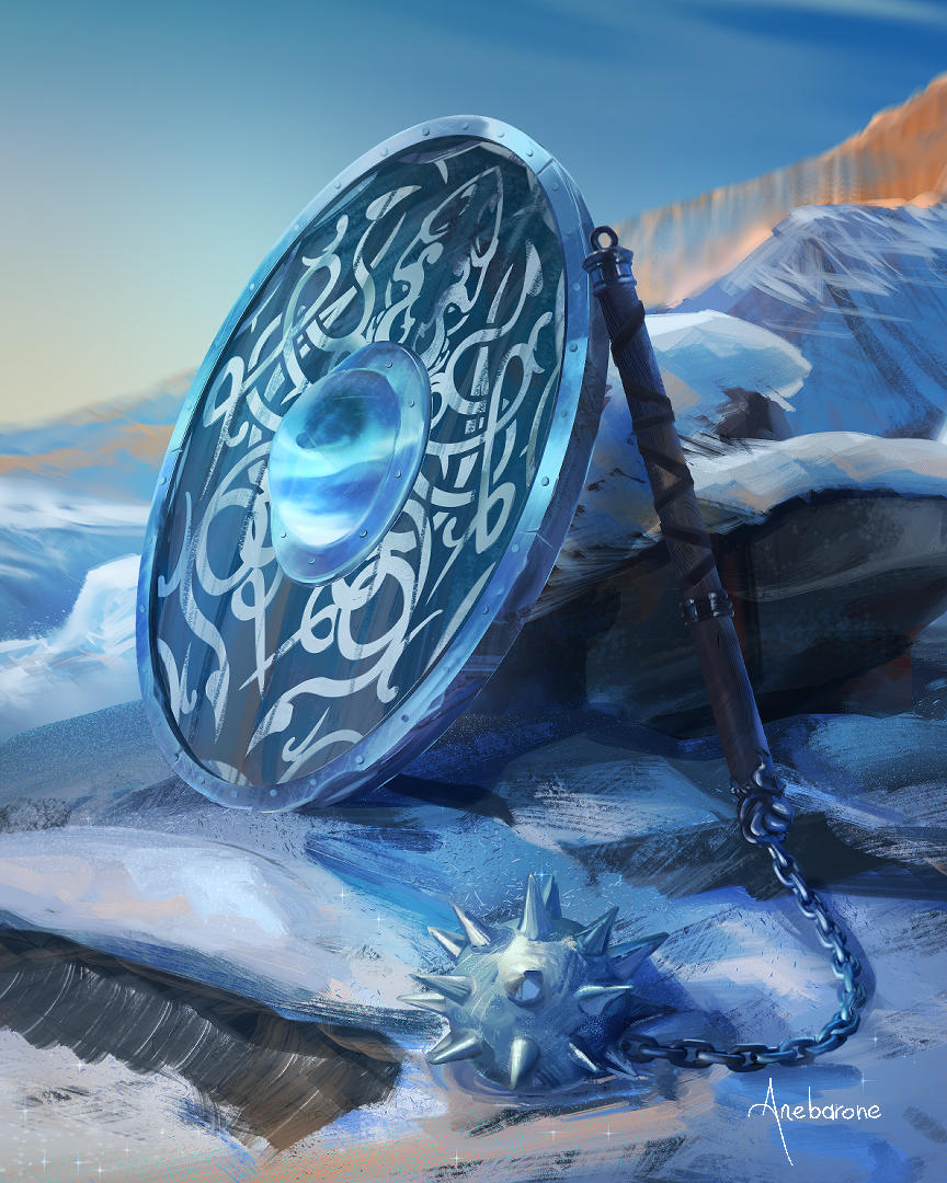 A set of fantasy weapons: A silver-y blue Kraken shield and a flail. Cropped image with larger weapons.
