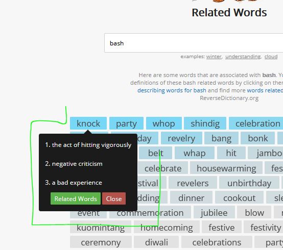 Screencap of Related Words showing a list of suggested synonyms (like 'knock' and 'party') for the word 'bash' 