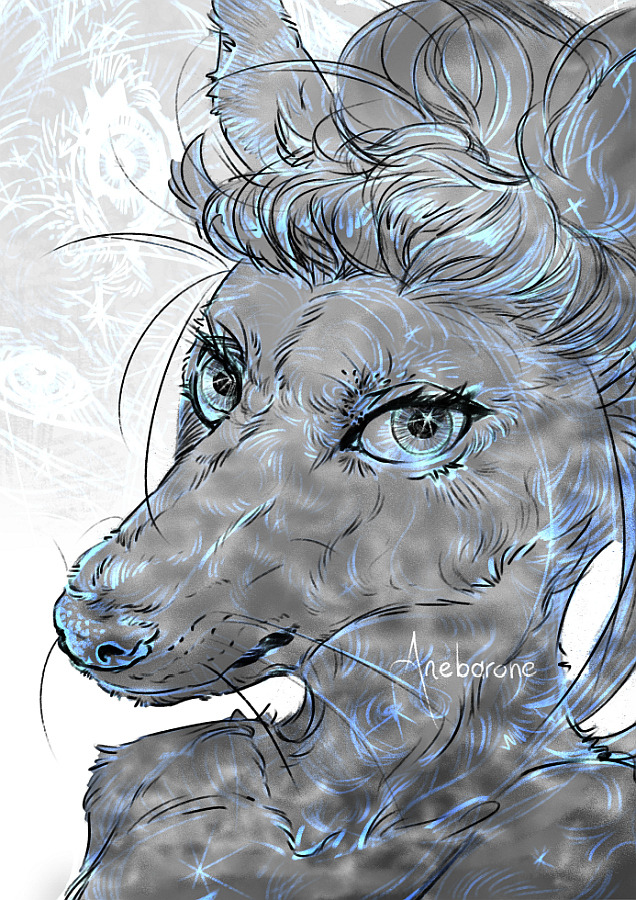 Portraid of an anthro dog creature with a bun of fur tied on top of its head.