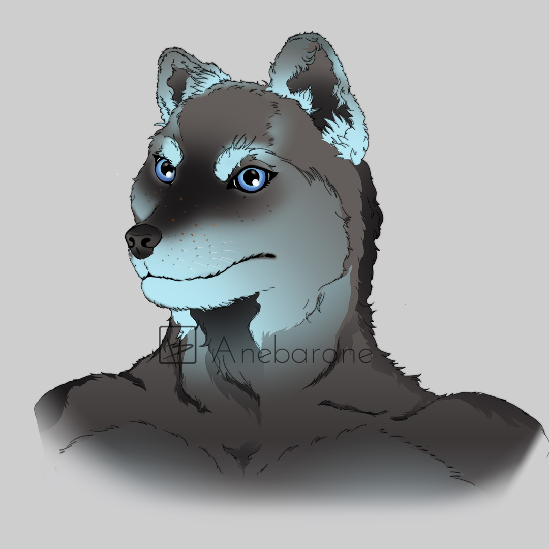 Painting of a gray wolf furry with blue eyes and cyan accents.