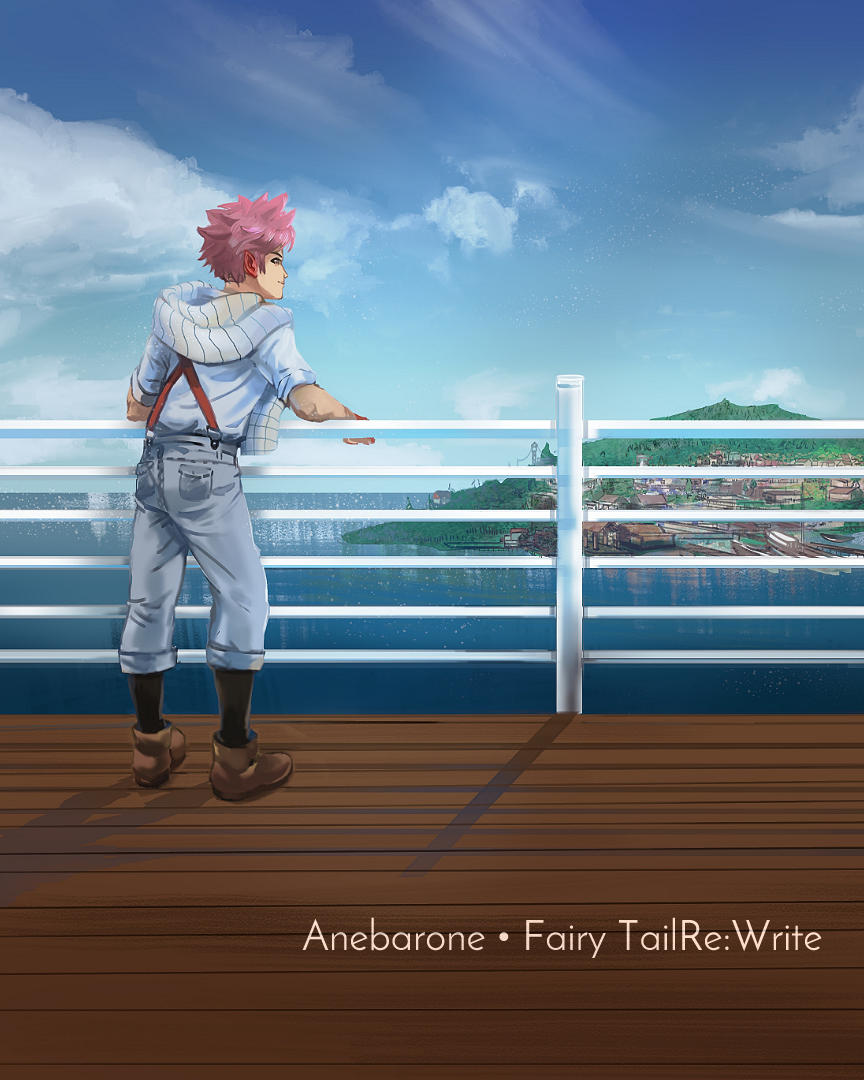 a young man with short pink hair and a white scarf leans against a ship's railing to look at a town.