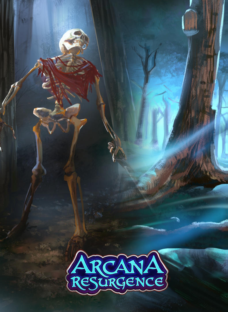 A skeleton in a dark forest.