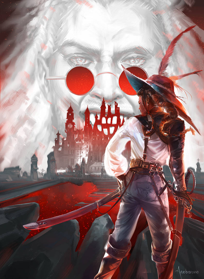 Poster-like illustration of a vampire-hunter-type lady standing in front of a castle and a large high-key, low contrast portrait of a man wearing red round glasses. The castle's silhouette has windows and openings shaped like the man's pointy, white fangs.