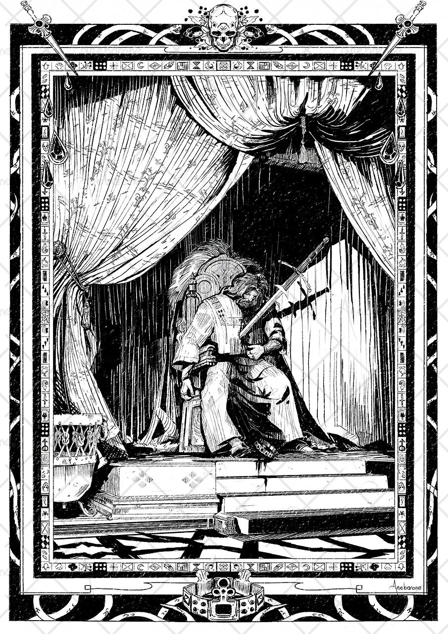 Illustration of a dead king. He was stabbed by a zweihander sword as he sat on a throne. The throne is framed by curtains, and the drawing itself has an intricate frame decorated with patterns of daggers, skulls, nightshade leaves, snakes and a crown.