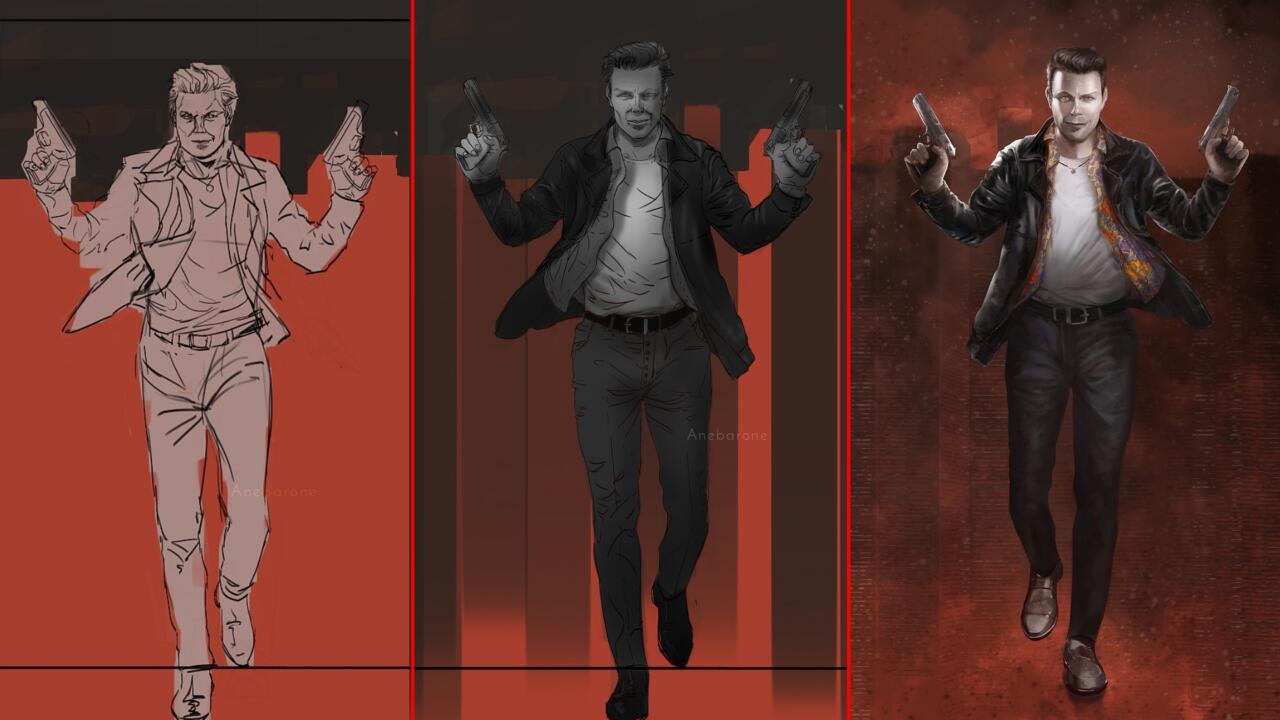 3 stages of the max payne art: a rough lineart drawing, a grayscale painting with simple gradients, and the finished artwork.