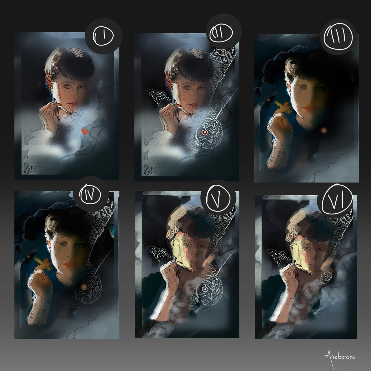 6 rough sketches and photo-montages showing different compositions for Rachael's portrait.
