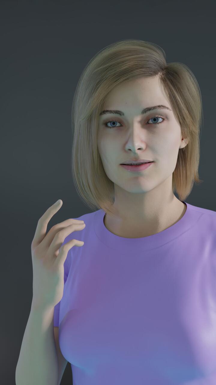 a 3d character with her hands up and blond hair in a similar pose as the finished drawing