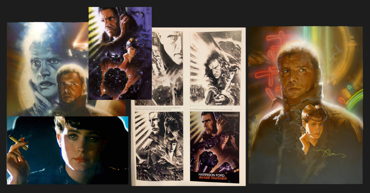 A reference sheet with Blade Runner artworks from John Alvin and movie captures.