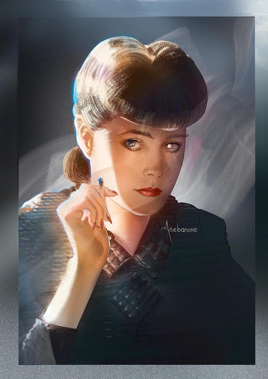 Bust portrait of the character Rachael from Blade Runner, she has black hair up in a retro-style bun and holds a cigarette in her iconic movie pose. She wears red lipstick, a black blazer with shoulder pads, and looks at the left side of the image.