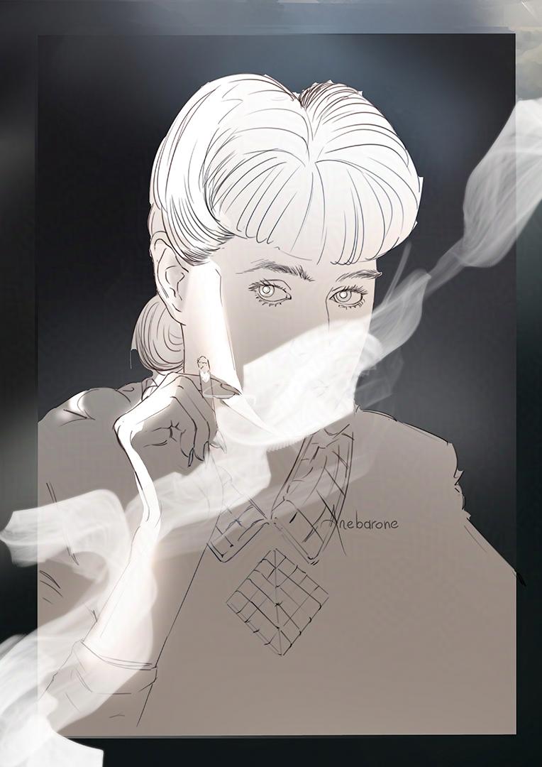Lineart bust drawing of a woman smoking. A trail of smoke obscures her nose and mouth,