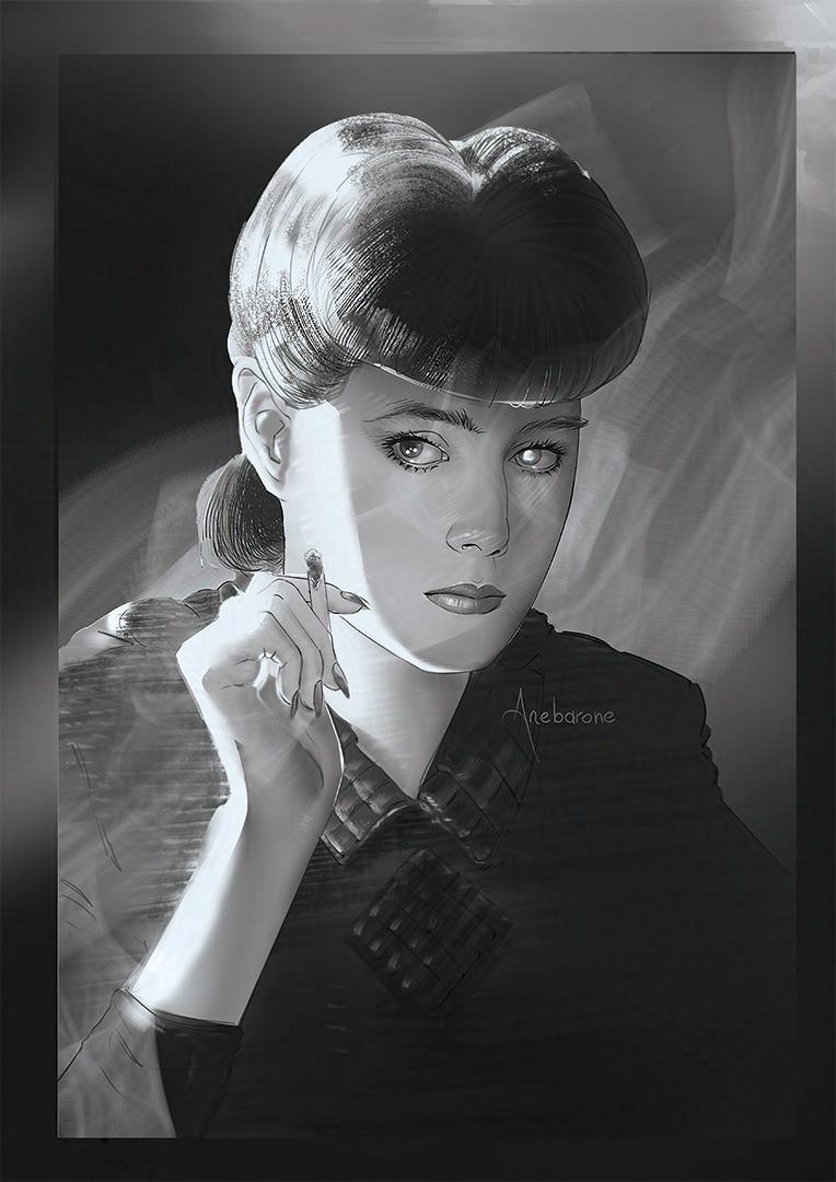 Grayscale bust portrait of the character Rachael from Blade Runner, she has black hair up in a retro-style bun and holds a cigarette in her iconic movie pose. She looks at the left side of the image.