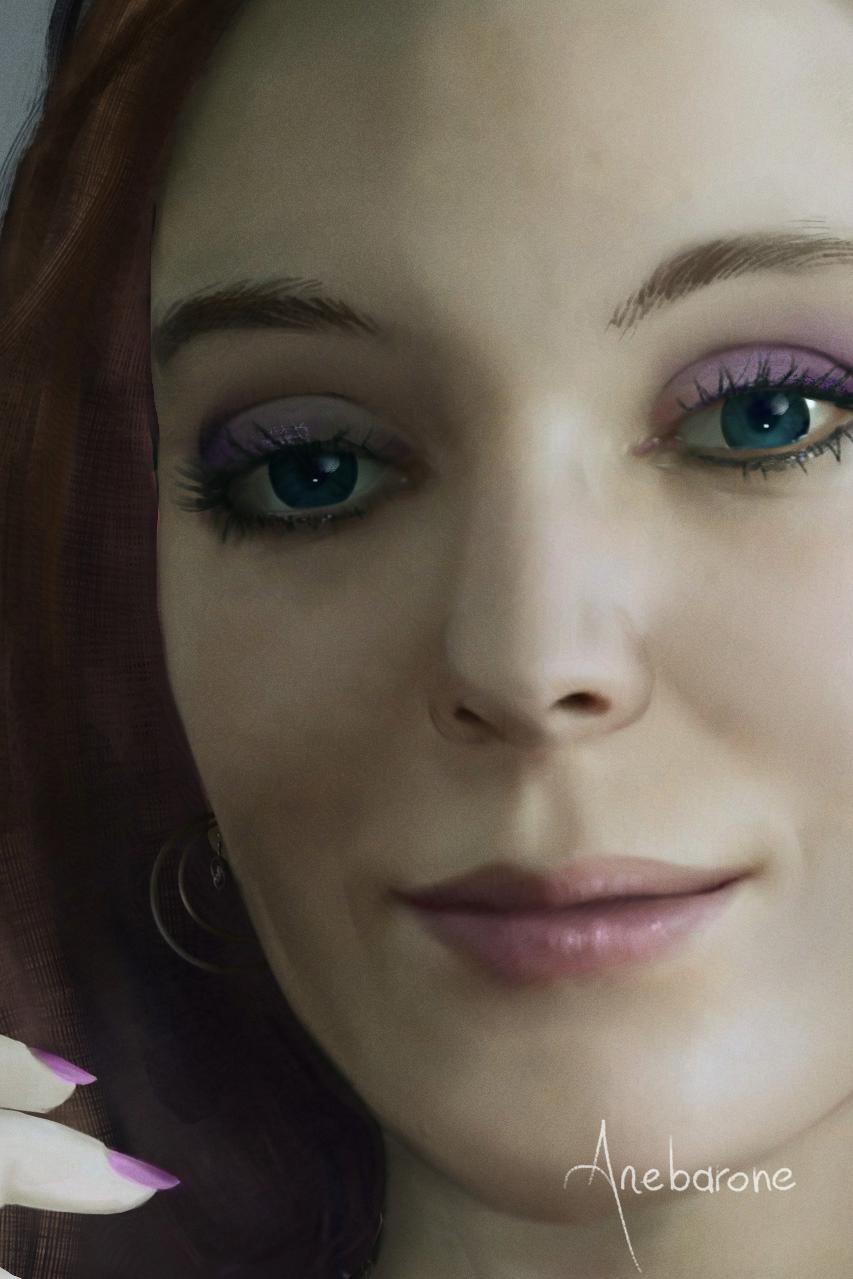 Close-up of the woman's expression. Her lilac eyeshadow glitters softly.