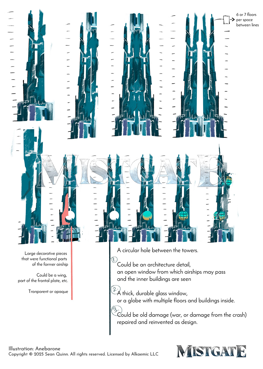 Several rough variations of a fantasy skyscraper
