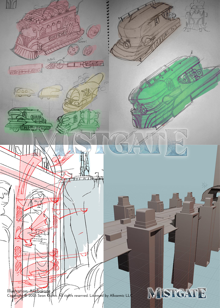 2D and 3D rough sketches of transportation vehicles and bridges