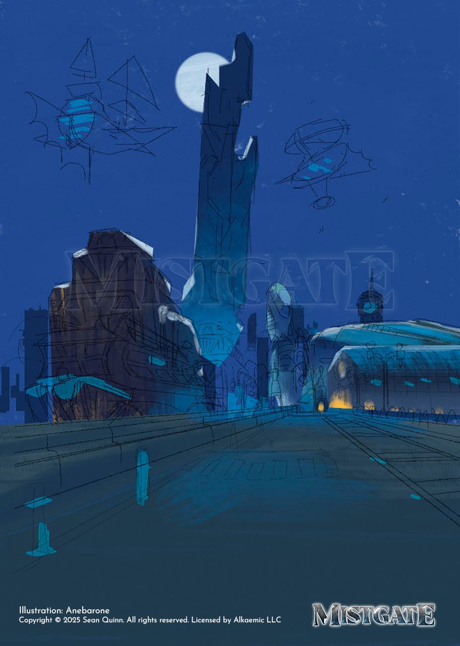 sketch of a town night scene made with deep blue colors. There are buildings, a full moon behind a large skyscraper, and airships on the sky.