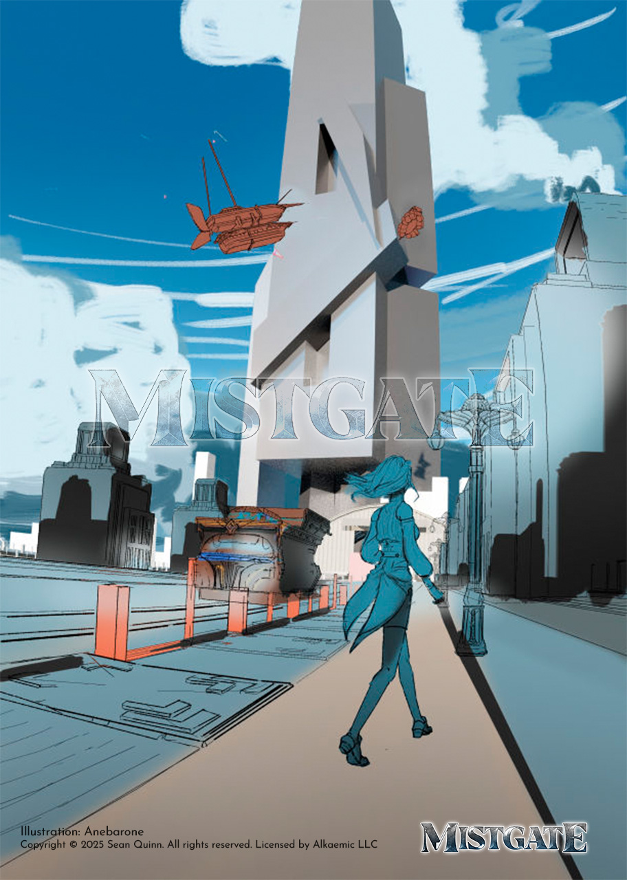 illustration of a town in an initial stage. There's a rough painted sky and lineart for a character and a town, and a 3d block representing a skyscraper on the background.