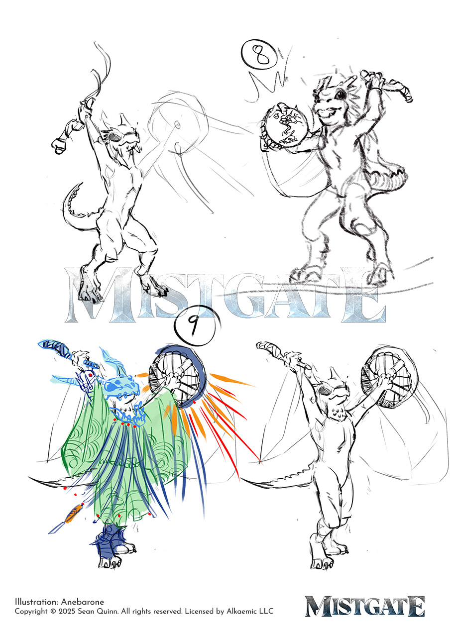 drawing of a kobold wearing a long green robe, skull helmet and a ceremonial bone drum on their hand