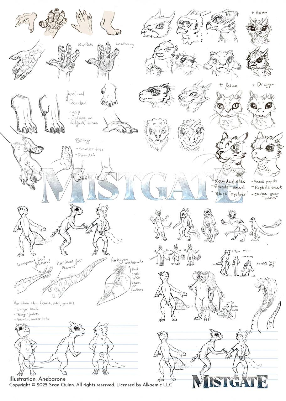 drawings of creature's paws, body proportions and face details