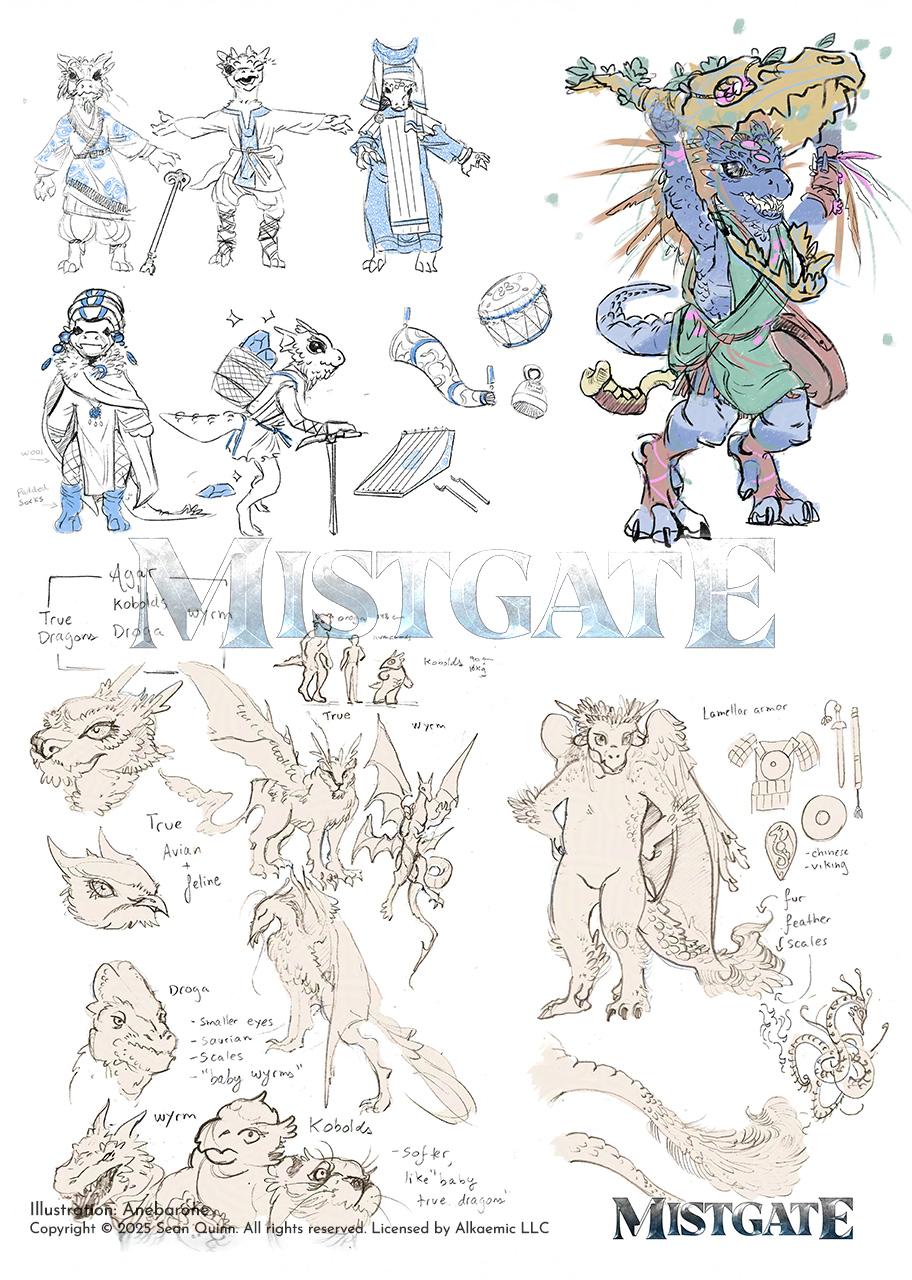 Drawings of dragons and kobolds wearing different outfits or showing distinct anatomical differences like beaks or feline features.