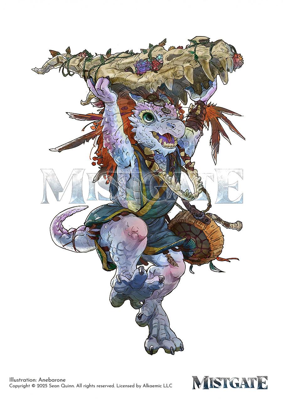 Illustration of a kobold holding a large dragon skull above their head. Their costume is a dark green robe and the creature wears feather and thread accessories. Their skin/scales are multicolor from soft violets to purples and blue.