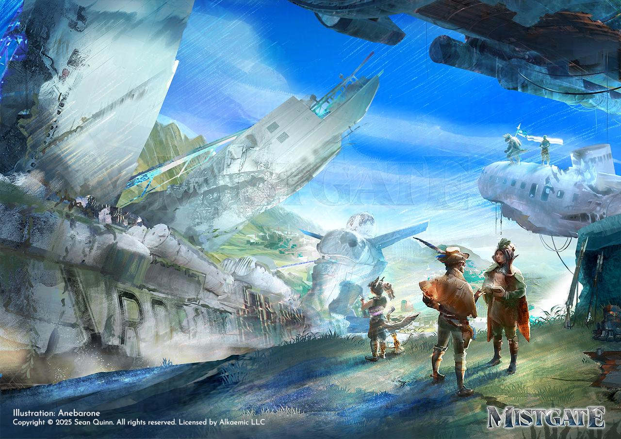 Illustration of a landscape that has large, destroyed airships. On the foreground, three characters are looking at the landscape and talking. One is a small character with a crossbow, the other wears a western cowboy attire, and the other wears a green outfit similar to a military official.
