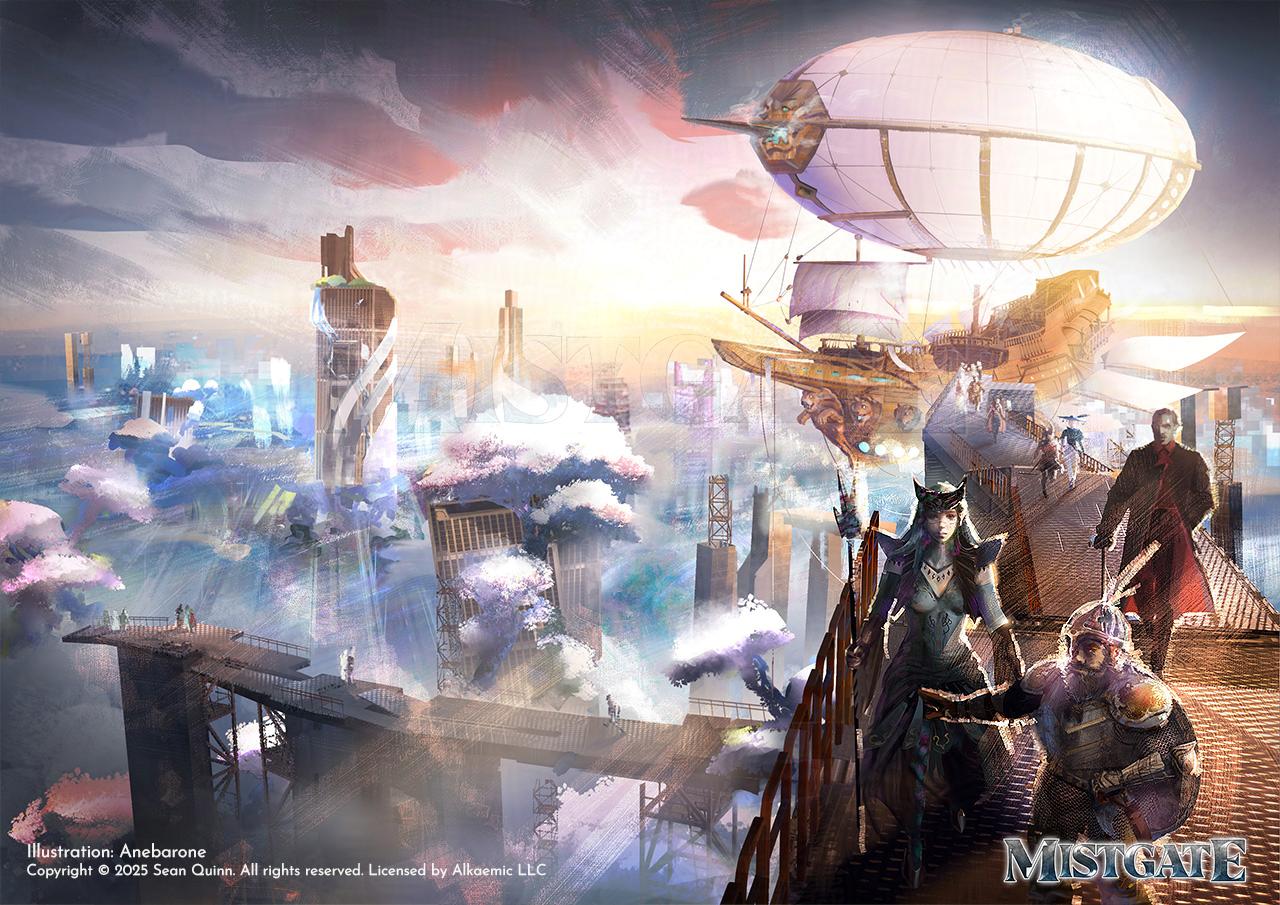 Illustration of a city panorama that seems to have been overtaken by nature. There are large white trees growing from skyscrapers. On the foreground, a large airship similar to a caravel with a gas balloon is docked on a tall metal platform that stands higher than the skyscrapers. A crew of adventurers is disembarking from the ship, and near the POV are a white female elf dressed in priestess attire, a male dwarf wearing heavy armor, and a black man wearing a red formal attire.