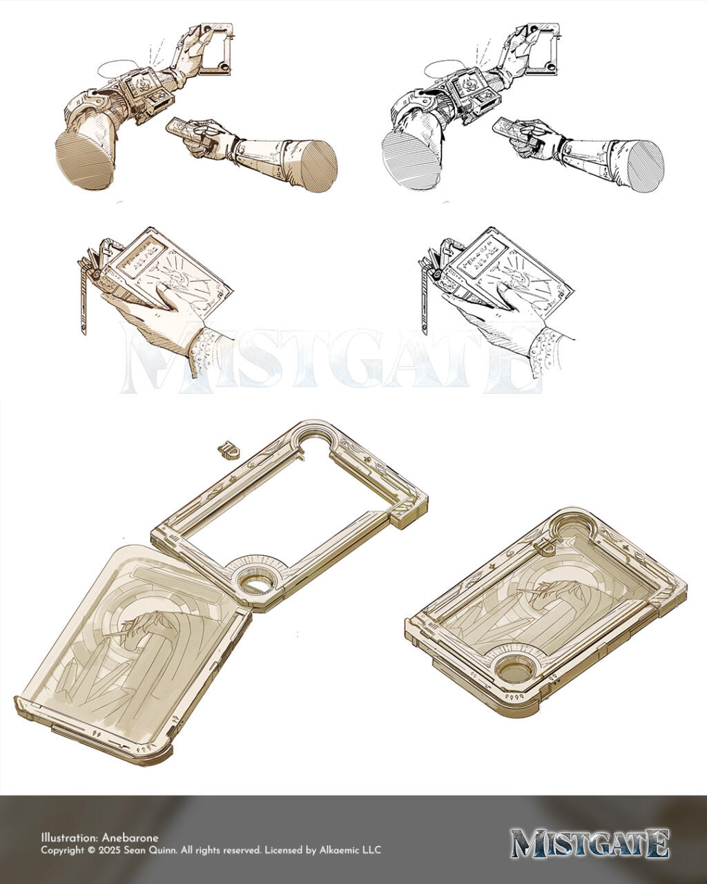 Various lineart illustrations in a sepia color — 1. there is an intricate card with an unicorn illustration inserted onto a metal frame. 2. an arm with a wrist device in which the character is inserting a card. 3. A hand holding a book-format storage of tasche.