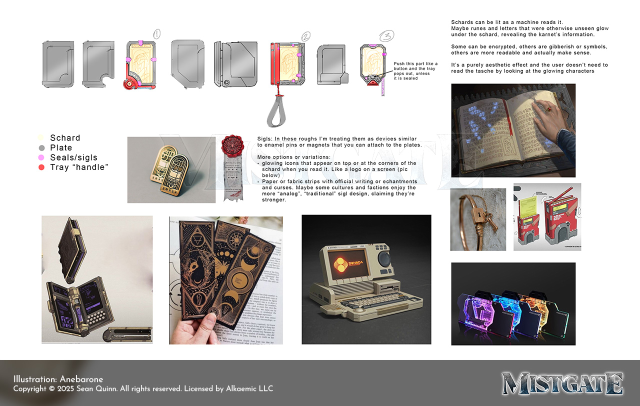 an assortment of sketches and reference photos and art featuring personal computers, neon glass sci-fi cards, and w40k seals