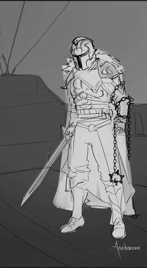 Gif process of a full-body illustration of a man wearing silver armor on a ship.