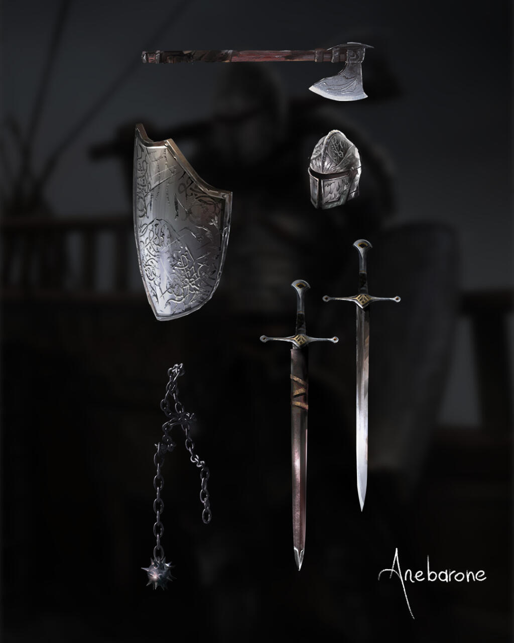 Illustrations of silver ornate fantasy props. There is an axe, a shield, a helmet, a longsword and its leather scabbard, and a chain weapon.