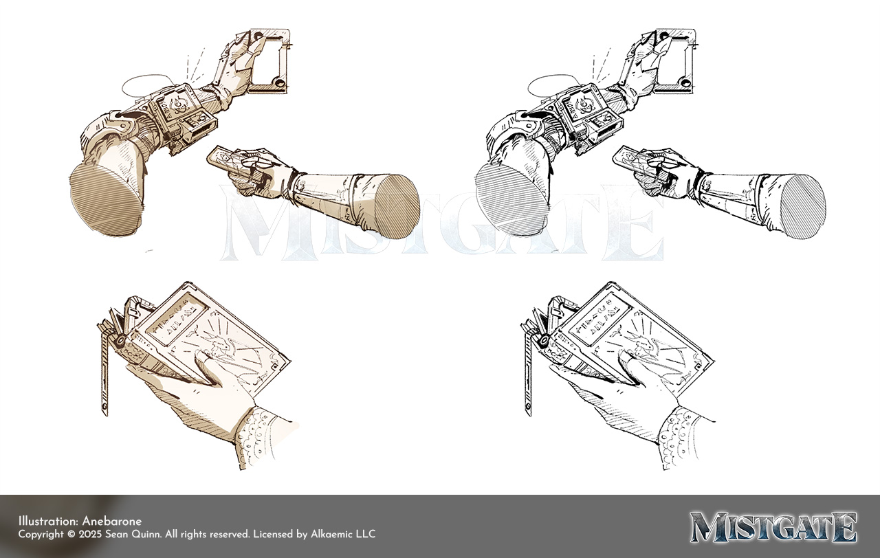Lineart illustration of an arm with a wrist device in which the character is inserting a card. There is also a hand holding a book-format storage of tasche.