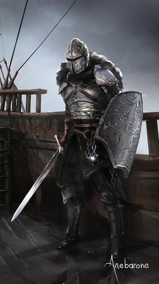 illustration of a man wearing silver ornate warrior on a ship. He wields on his left hand a shield that is etched with patterns similar to his chest plate. With his right hand we wields a longsword.