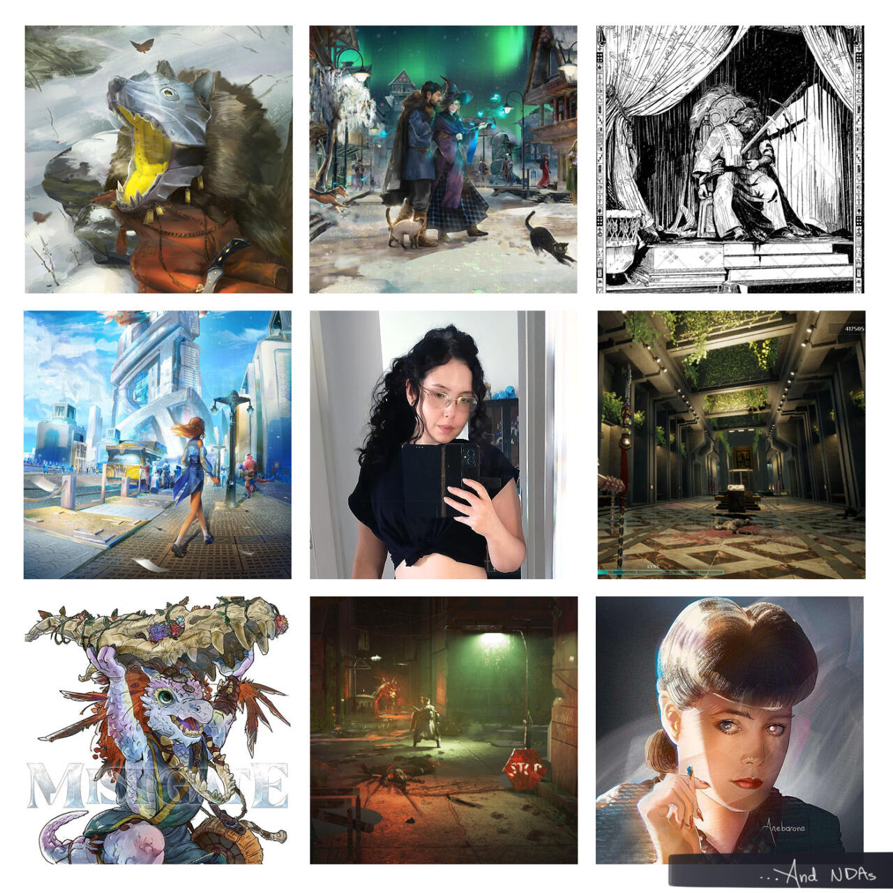 a 3x3 image grid with a selfie at the center (I'm white, have long tied-up curly black hair, glasses, and wear a black cropped shirt). The remaining images surrounding me are a selection of client work.