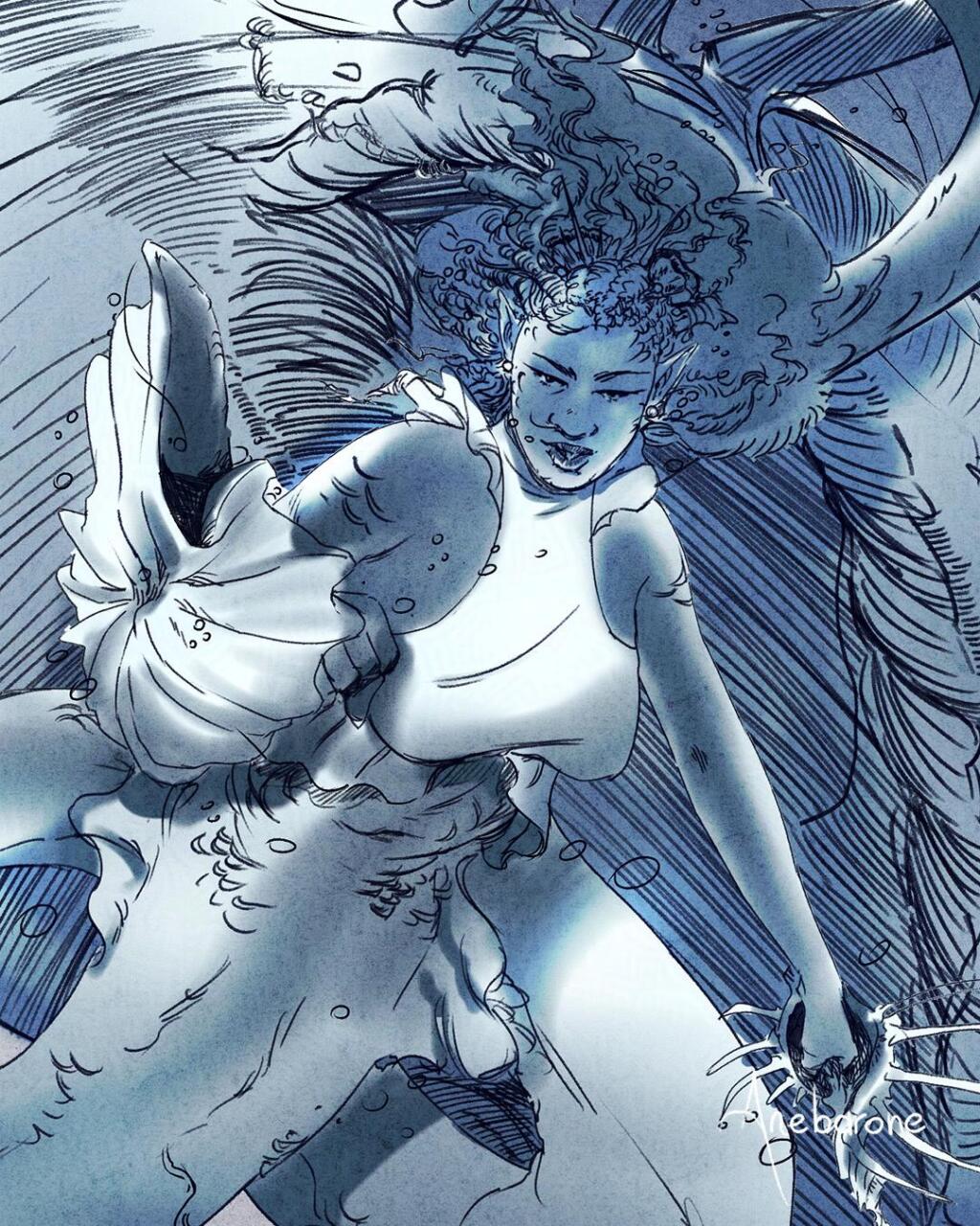 close-up of the mermaid wielding a shell shield and shell rapier.