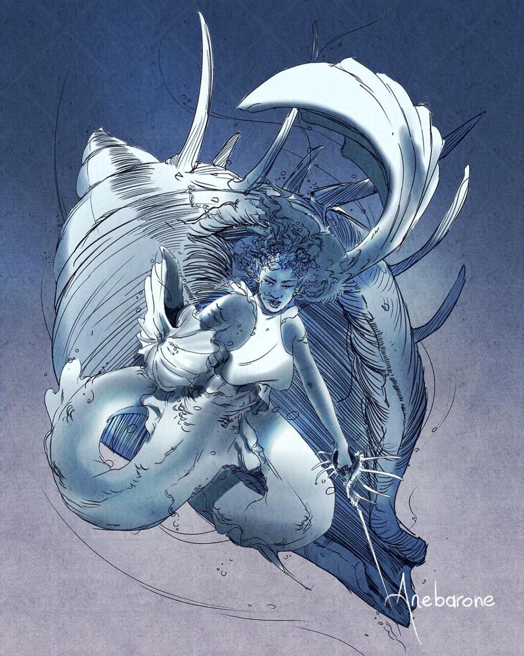 Drawing of a mermaid with coily black hair, twisting her tail as she floats in front of a giant shell. She wields a shell shield and shell rapier.