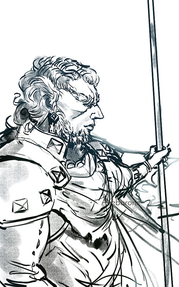 black and white lineart sketch of Ganondorf, holding a pole and looking down at the right corner of the image.